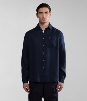 Napapijri Linen Long Sleeve Shirt Overhemd Heren Donkerblauw | 1927645-PC