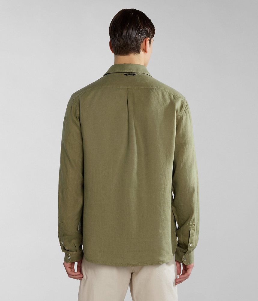 Napapijri Linen Long Sleeve Shirt Overhemd Heren Groen | 2503164-JM